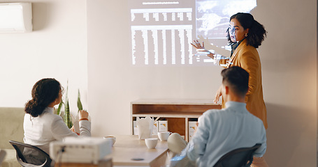 Image showing Charts, woman and presentation with workshop, eco friendly and corporate training, global info or review. Person, presenter or worker with sustainability, conference or feedback with data or research