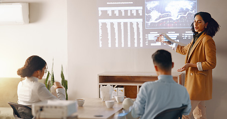 Image showing Charts, woman and presentation with workshop, eco friendly and corporate training, global info or review. Person, presenter or worker with sustainability, conference or feedback with data or research