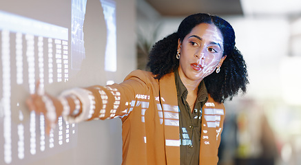 Image showing Presentation, projector and business woman report global economy stats, IPO investment data or stock market statistics. Presenter, financial numbers and professional manager teaching on whiteboard