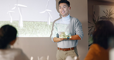 Image showing Speaker, man and presentation with workshop, eco friendly or wind turbines with corporate training, seminar or feedback. Person, presenter or worker with sustainability, conference or energy research