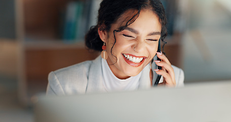 Image showing Business woman, computer and phone call in night, office and networking for deal, lead and smile for negotiation. Entrepreneur, smartphone and pc with happy conversation, thinking and dark workplace