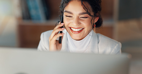 Image showing Business woman, computer and phone call in night, office and networking for deal, lead and smile for negotiation. Entrepreneur, smartphone and pc with happy conversation, thinking and dark workplace