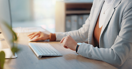 Image showing Hands of woman at desk with computer, typing email or report for article at digital agency. Internet, research and businesswoman at tech startup with online review, networking project and writing.