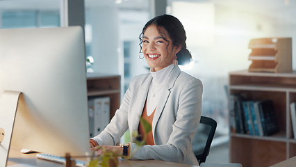 Image showing Portrait of woman at desk with computer, smile and email, job report or article at digital agency. Internet, research and happy businesswoman at tech startup with online review, networking or project