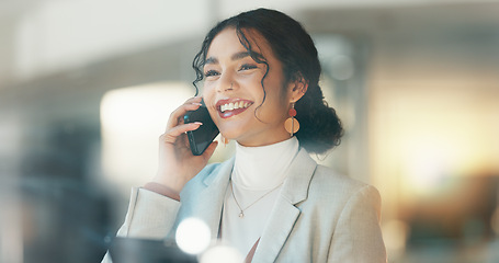 Image showing Woman, tablet and phone call in night, office and networking for business deal, lead and smile for negotiation. Entrepreneur, smartphone and digital touchscreen with conversation, thinking and chat