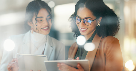 Image showing Business women, teamwork and tablet planning for human resources solution, company management and ideas at night. HR manager and worker training for internship on digital technology in window bokeh