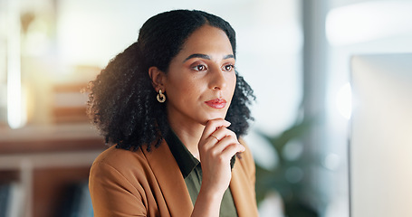 Image showing Girl at computer in office, thinking and reading email report, feedback review or article at digital agency. Internet, research and woman at tech startup networking, writing schedule or admin project