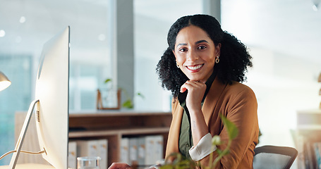 Image showing Portrait of happy woman at computer with smile, confidence and career in administration at digital agency. Internet, desk and businesswoman at tech startup with creative job for professional business