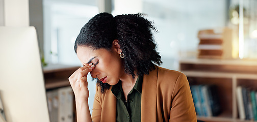 Image showing Business woman, headache and stress on computer for Human Resources fail, mistake or payroll error online. Professional african person or HR worker with glasses, pain or sad on desktop for bad news