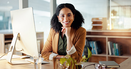 Image showing Portrait of happy woman at computer with smile, confidence and career in administration at digital agency. Internet, desk and businesswoman at tech startup with creative job for professional business