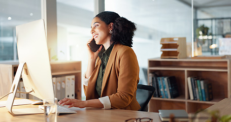 Image showing Woman, computer and phone call as receptionist for client consulting or online booking, information with smile. Female worker, communication or talking in office for service, helping or appointment