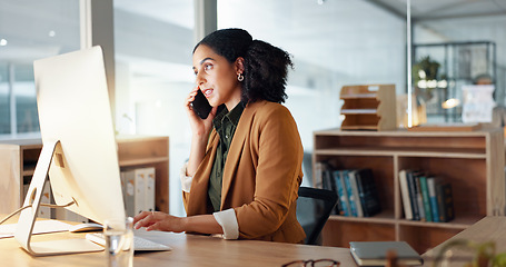 Image showing Woman, computer and phone call as receptionist for client consulting or online booking, information with smile. Female worker, communication or talking in office for service, helping or appointment