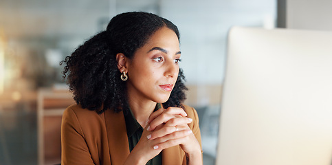 Image showing Businesswoman at computer with stress, thinking and reading email, debt review or article on taxes at digital agency. Internet, research and woman at tech startup, anxiety and risk in audit report.