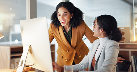 Image showing Wow, high five and business people with success in teamwork, collaboration or support for achievement in office. Employees, winning and celebration together for feedback on project goals or target