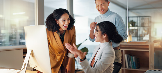 Image showing Business, team and high five for news of success in office with collaboration or support for sales achievement. Employees, winning and celebration together for feedback on project goals or target