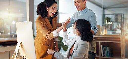Image showing Business, team and high five for news of success in office with collaboration or support for sales achievement. Employees, winning and celebration together for feedback on project goals or target