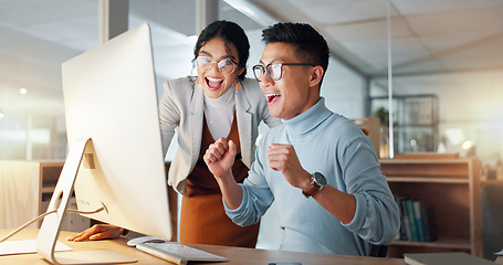 Image showing Wow, happy and business people with success in teamwork, collaboration or support for achievement in office. Employees, winning and celebration together for feedback on project goals or target