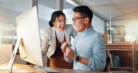 Image showing Wow, happy and business people with success in teamwork, collaboration or support for achievement in office. Employees, winning and celebration together for feedback on project goals or target