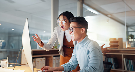 Image showing Wow, happy and business people with success in teamwork, collaboration or support for achievement in office. Employees, winning and celebration together for feedback on project goals or target