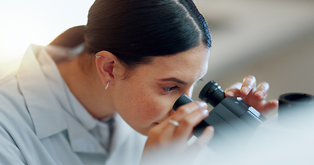 Image showing Particles, microscope or woman scientist in laboratory for research, medical analysis or test experiment. Healthcare, investigation or science expert with technology for future development or results