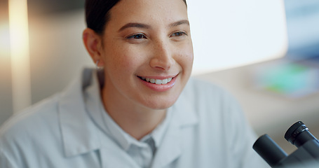 Image showing Computer, happy woman or scientist reading in laboratory for chemistry research report or scientific news. Face, information or science expert typing online for medicine development or medical data