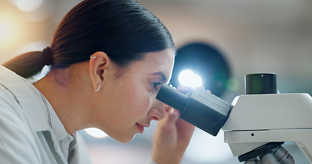 Image showing Particles, microscope or woman scientist in laboratory for research, medical analysis or test experiment. Healthcare, investigation or science expert with technology for future development or results