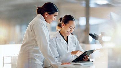 Image showing Scientist, women and teamwork on tablet and computer for laboratory advice, medical research and night planning. Students, science people or mentor on digital technology of test results or comparison