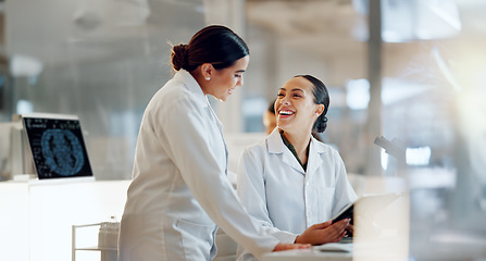 Image showing Scientist, women and teamwork on tablet and computer for laboratory advice, medical research and night planning. Students, science people or mentor on digital technology of test results or comparison