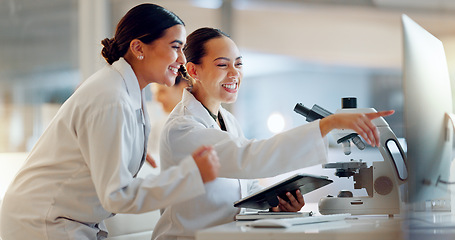 Image showing Teamwork, scientist or women celebrate for success, medicine breakthrough or partnership in lab. Science, collaboration or happy doctors celebrate medical support, goal target or DNA news with smile