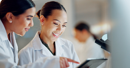 Image showing Scientist, women and teamwork on tablet and computer for laboratory advice, medical research and night planning. Students, science people or mentor on digital technology of test results or comparison