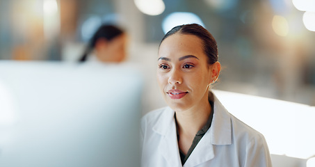 Image showing Doctor, woman and smile with data analysis in laboratory for biochemistry, science or research. Female person, face and happiness for experiment in medical care for health, treatment or breakthrough