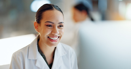 Image showing Doctor, woman and smile with data analysis in laboratory for biochemistry, science or research. Female person, face and happiness for experiment in medical care for health, treatment or breakthrough