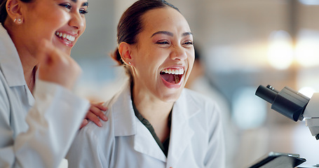 Image showing Teamwork, scientist or women celebrate for success, medicine breakthrough or partnership in lab. Science, collaboration or happy doctors celebrate medical support, goal target or DNA news with smile