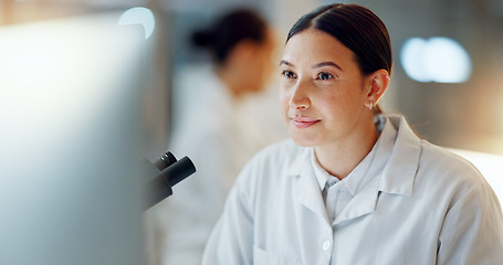 Image showing Computer, woman or scientist reading in laboratory for chemistry research report or scientific news. Face, information or science expert typing online for medicine development update or medical data