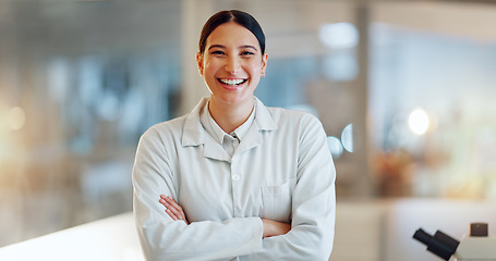 Image showing Lab woman, arms crossed and scientist happy for clinic confidence, medical innovation or pharma study, trust or investigation. Expert portrait, laboratory study and person work on science development