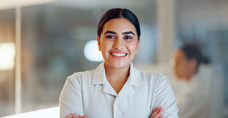 Image showing Lab face, science woman and happiness for chemistry development, medical innovation or scientific success. Laboratory portrait, job experience or scientist smile for healthcare support, help or study