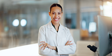 Image showing Lab woman, arms crossed and scientist smile for job experience, medical research or pharma investigation. Portrait, laboratory study or professional person working on healthcare science development