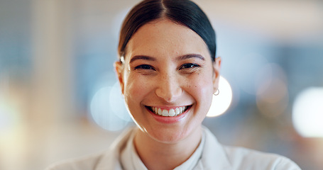 Image showing Lab woman, face and scientist happy for clinic confidence, medical innovation or chemist study, trust or investigation. Expert portrait, happiness and laboratory person work on pharmaceutical science