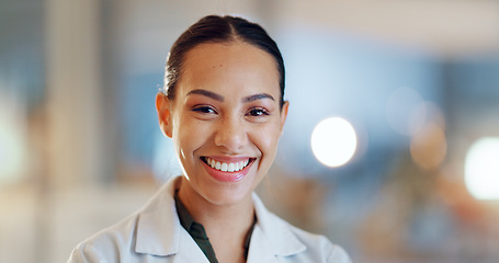 Image showing Laboratory woman, face and scientist happy for hospital pride, medicine innovation or scientific study. Professional lab portrait, confident mindset and healthcare worker for pharmaceutical science