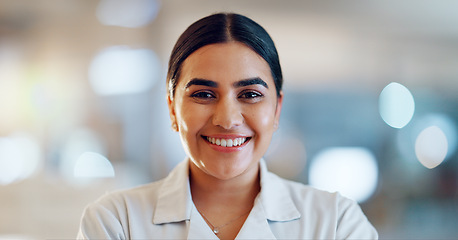 Image showing Lab face, science woman and happiness for chemistry development, medical innovation or scientific success. Laboratory portrait, job experience or scientist smile for healthcare support, help or study