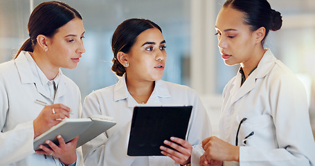 Image showing Scientist, teamwork and tablet for planning research, medical feedback and results or internship group training. Students, doctors or science women with digital technology, notebook and collaboration