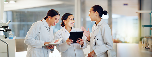 Image showing Scientist, teamwork and tablet for planning research, medical feedback and results or internship group training. Students, doctors or science women with digital technology, notebook and collaboration