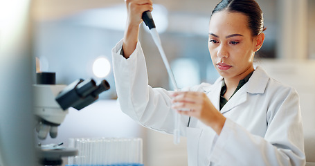 Image showing Science, results and woman with pipette, test tube and microscope for biotech solution in laboratory. Medical research, scientist or lab technician in study for healthcare, medicine or vaccine test.