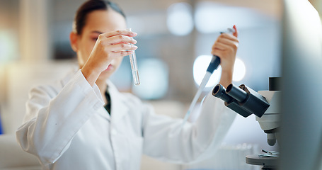 Image showing Science, results and woman with pipette, test tube and microscope for biotech solution in laboratory. Medical research, scientist or lab technician in study for healthcare, medicine or vaccine test.