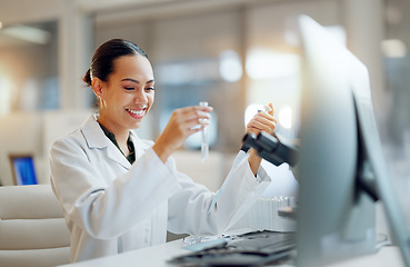 Image showing Science, research and happy woman with pipette, microscope and biotech solution in laboratory. Medical innovation, scientist or lab technician in study for healthcare, medicine check and vaccine test