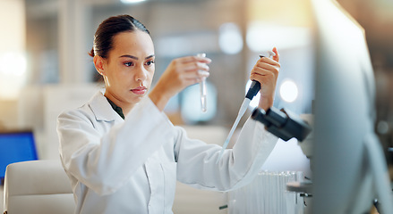 Image showing Science, results and woman with pipette, test tube and microscope for biotech solution in laboratory. Medical research, scientist or lab technician in study for healthcare, medicine or vaccine test.