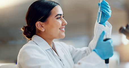 Image showing Science, laboratory and woman with pipette, test tube and biotech solution in research. Medical innovation, scientist or lab technician in study for healthcare, medicine and vaccine results feedback.