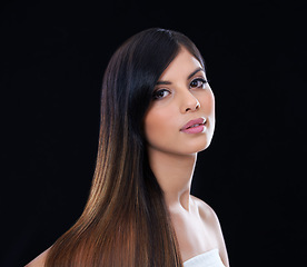Image showing Hair care, wellness and portrait of woman in studio with salon, healthy or conditioner treatment. Beauty, confident and female person with long, shiny and cosmetic hairstyle by dark black background.