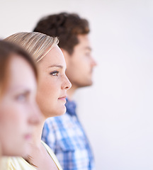 Image showing Office, profile and group of business people in row together for creative job, opportunity or solidarity. Face, man and women in waiting room for recruitment, interview or casual professional career