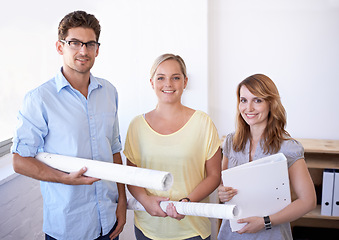 Image showing Architect, portrait and team in office with blueprint, smile and project management in renovation. Engineering, man and women together with collaboration for remodeling, property upgrade and building